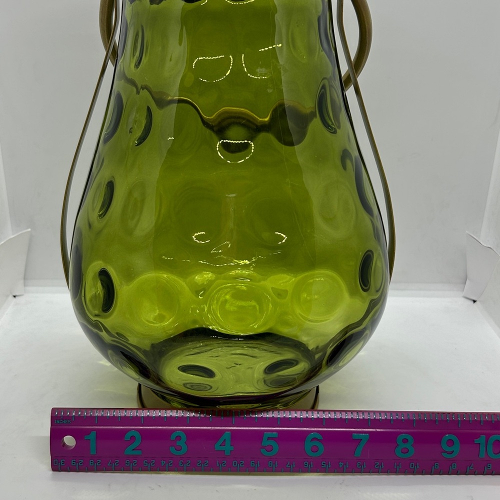 Green Glass With Gold Metal Handle Candle Holder 11” Decor - Picture 8 of 9